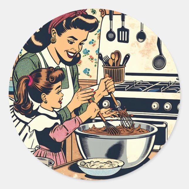 Cute Retro Mum and Daughter Baking Together Classic Round Sticker (Front)
