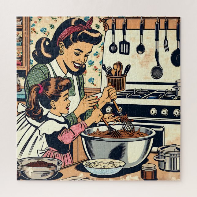 Cute Retro Mum and Daughter Baking Together Jigsaw Puzzle (Vertical)
