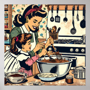 Cute Retro Mum and Daughter Baking Together Poster