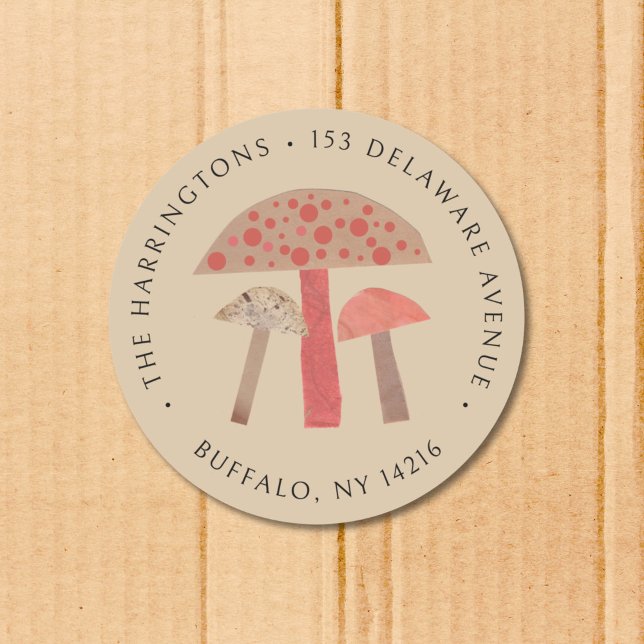 Cute Retro Mushroom Brown Return Address Label (This retro round return address sticker features three cute orange, brown, and beige mushrooms.)