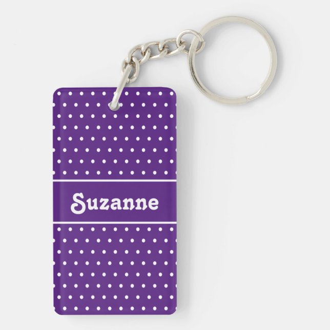 Cute Retro Name Polka Dot Royal Purple & White  Key Ring (Back)