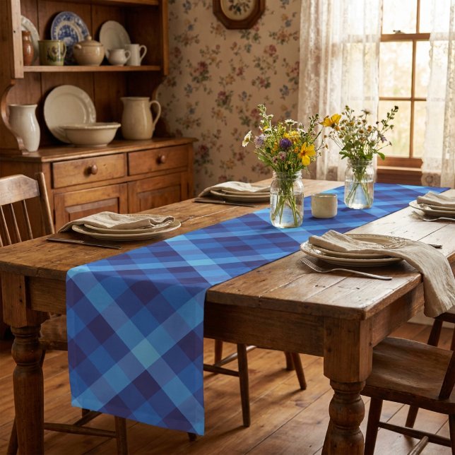 Cute Retro Ocean Blue Plaid Small Table Runner (Cute Retro Ocean Blue Plaid Small Table Runner)