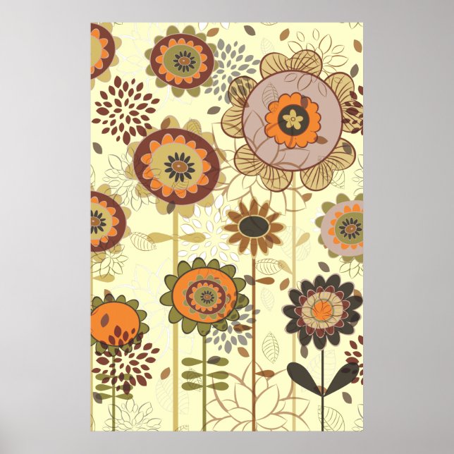Cute retro orange, brown floral pattern custom poster (Front)