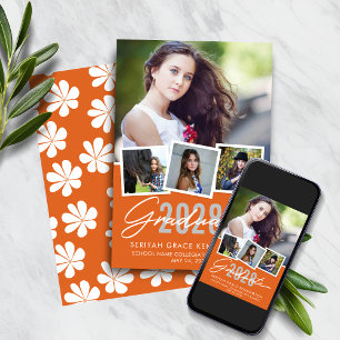 Cute Retro Orange Floral Graduation Photo Collage Announcement