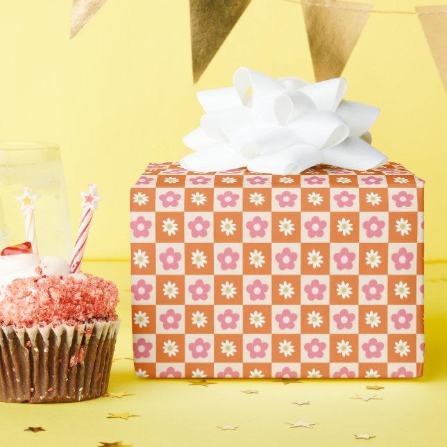 Cute Retro Orange Pink Daisy Chequerboard Pattern Wrapping Paper (Birthday Party)
