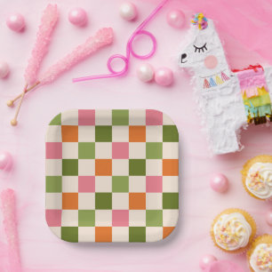 Cute Retro Orange Pink Green Chequerboard Pattern Paper Plate