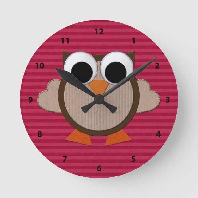 Cute Retro Owl Pink Stripe Clock (Front)