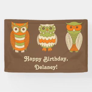 Cute Retro Owls Brown Personalized Banner