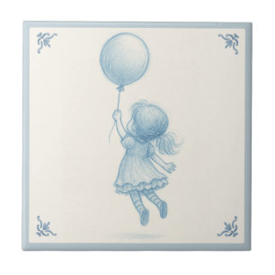Cute retro pastel blue whimsical girl with balloon ceramic tile