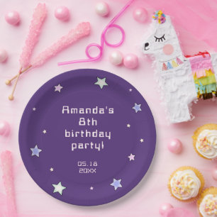 Cute Retro Pastel Stars Dark Purple Kids Birthday Paper Plate
