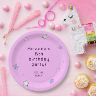 Cute Retro Pastel Stars Pink Kids Birthday Paper Plate