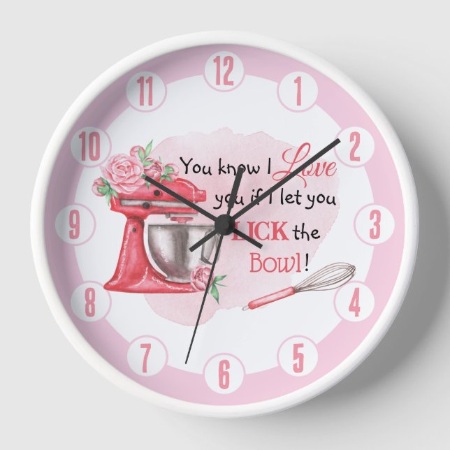 Cute Retro Pink Baking Lick the Bowl Kitchen Clock (Front)