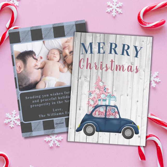 Cute Retro Pink Christmas Tree Holiday Greeting Card (CUTE RETRO VINTAGE CAR PINK CHRISTMAS TREE CHRISTMAS GREETING CARD
)