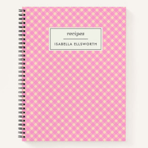 Cute Retro Pink Gingham Plaid Personalised Recipe  Notebook