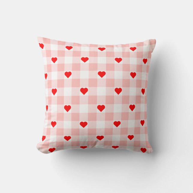 Cute Retro Pink Heart Gingham Plaid pattern Cushion (Front)
