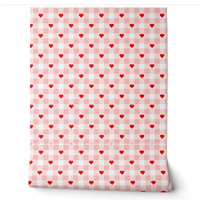 Cute Retro Pink Heart Gingham Plaid pattern Wallpaper (Unrolling)