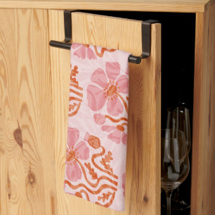 Cute Retro Pink-Orange Abstract Flower Tea Towel