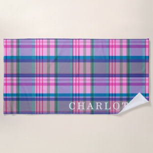 Cute Retro Pink Plaid Pattern Personalised Name Beach Towel
