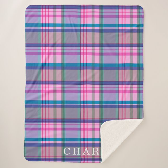 Cute Retro Pink Plaid Pattern Personalised Name  Sherpa Blanket (Front)