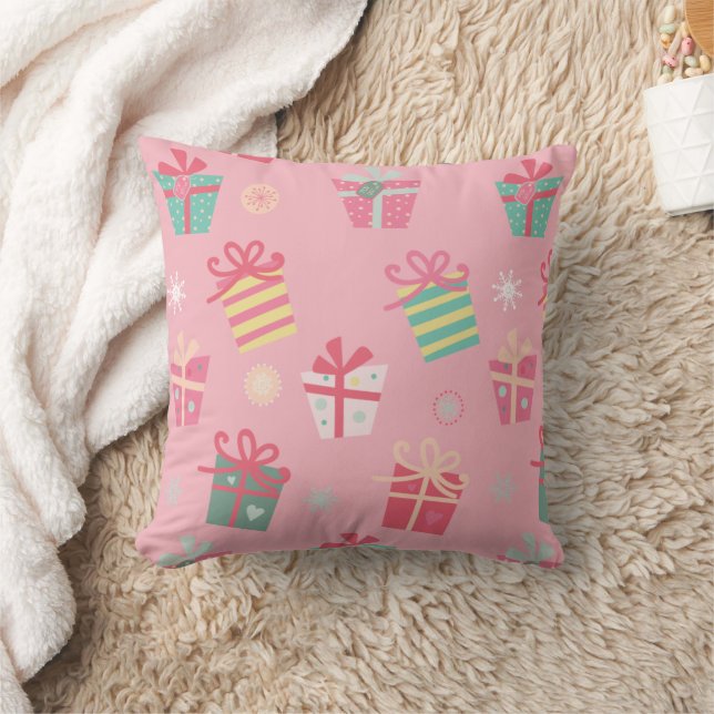 Cute Retro Pink Presents Christmas Cushion (Blanket)