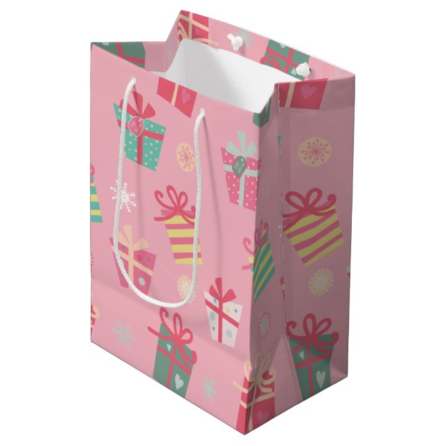 Cute Retro Pink Presents Christmas  Medium Gift Bag (Front Angled)