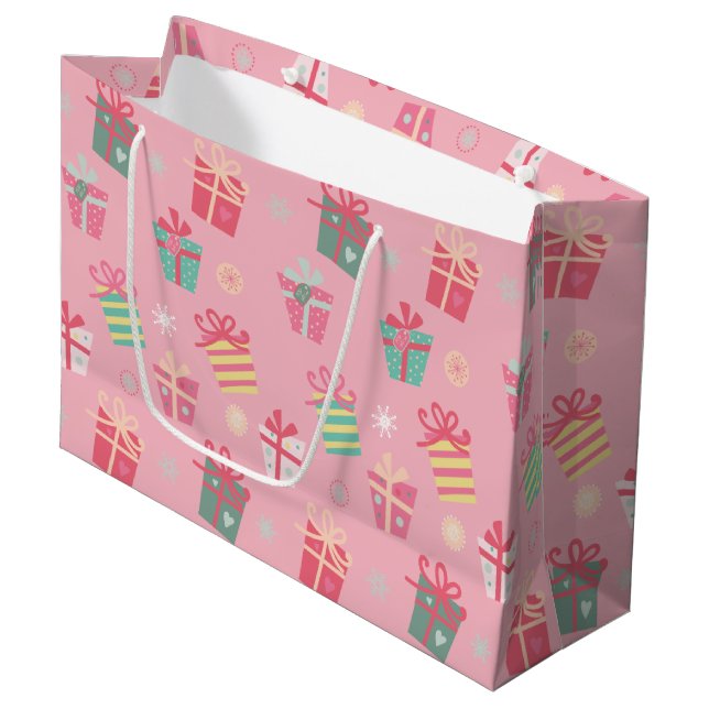 Cute Retro Pink Presents Holiday Christmas  Large Gift Bag (Front Angled)