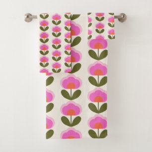 Cute Retro Pink Scandinavian Flower Art Pattern Bath Towel Set