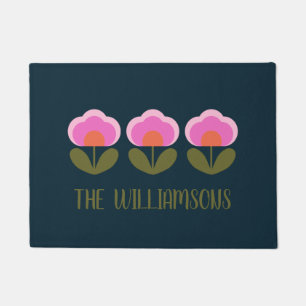 Cute Retro Pink Scandinavian Flower Personalised  Doormat