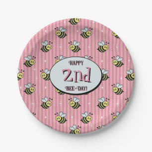 Cute Retro Pink Striped Bumblebee Birthday Paper Plate