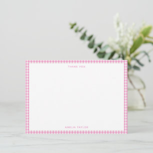 Cute Retro Pink White Gingham Plaid Personalised Thank You Card