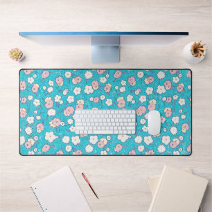 Cute Retro Pop Art Pink and Aqua Flowers Desk Mat 
