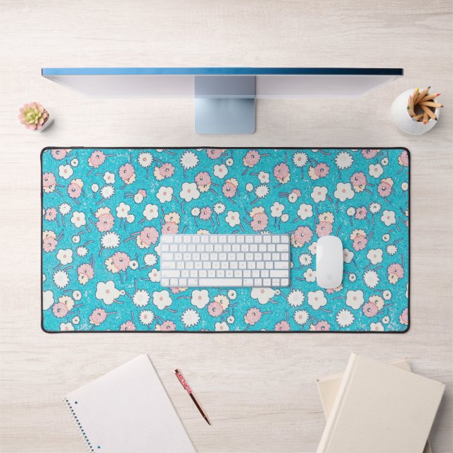 Cute Retro Pop Art Pink and Aqua Flowers Desk Mat  (Office 1)