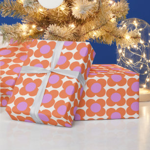 Cute Retro Pop Flower Pattern Pink and Orange Wrapping Paper