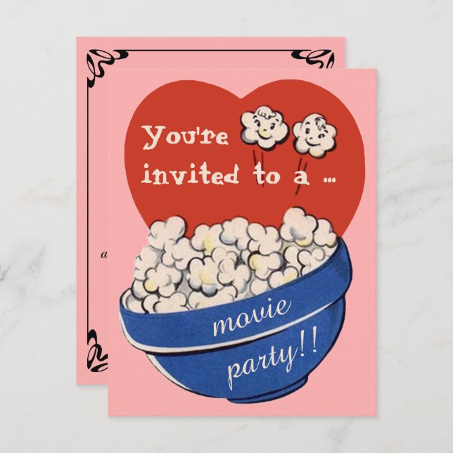 Cute Retro Popcorn and Movie Night Birthday Party Invitation (Front/Back)