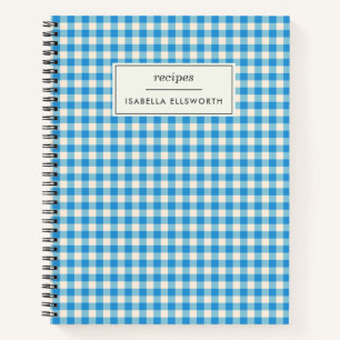 Cute Retro Preppy Blue Gingham Personalised Recipe Notebook