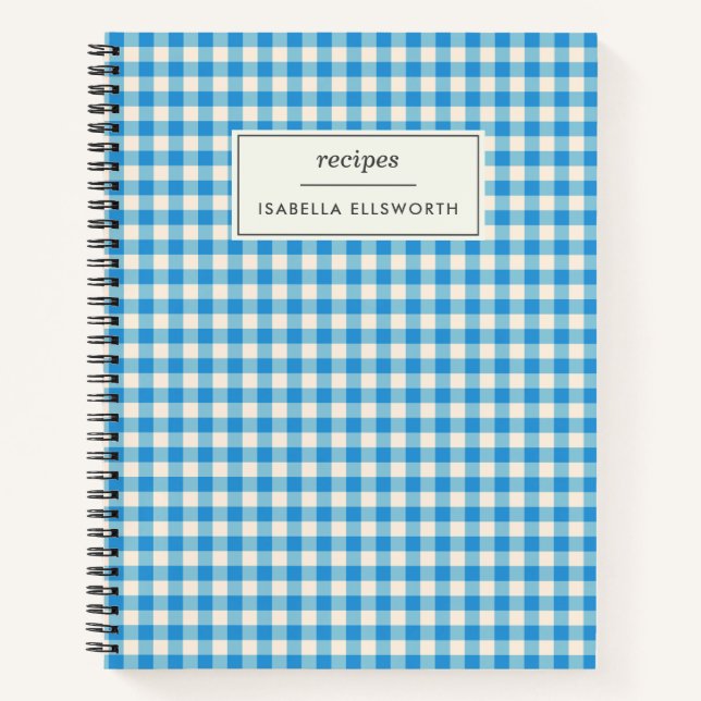 Cute Retro Preppy Blue Gingham Personalised Recipe Notebook (Front)