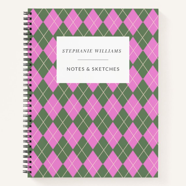 Cute Retro Preppy Pink Green Argyle Personalised Notebook (Front)