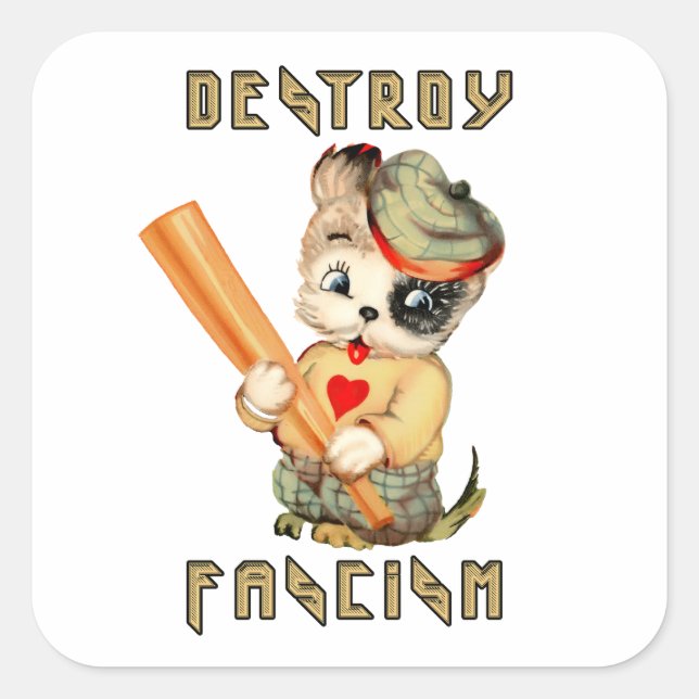 Cute Retro Puppy - Destroy Fascism Square Sticker (Front)