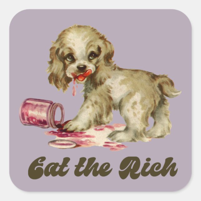 Cute Retro Puppy - Eat the Rich Square Sticker (Front)