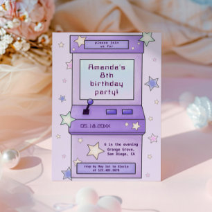 Cute Retro Purple Arcade Game Kids Birthday Invitation