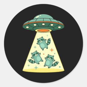 Cute Retro Raccoon Ufo Abduction Spaceship Cartoon Classic Round Sticker