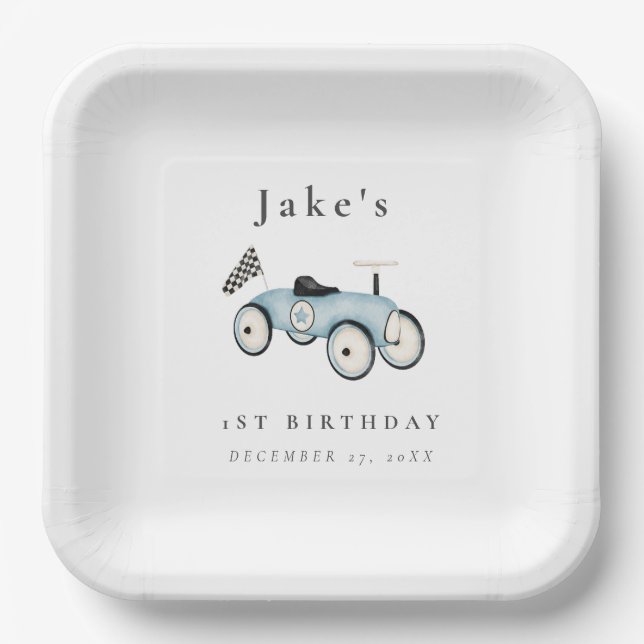 Cute Retro Race Car Ride-on Any Age Paper Plates (Front)