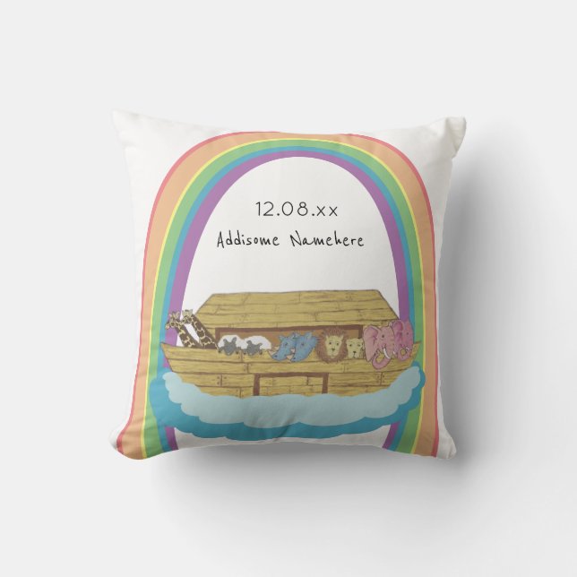 Cute retro Rainbow Noah's Ark on White Cushion (Front)