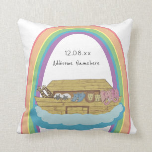 Cute retro Rainbow Noah's Ark on White Cushion