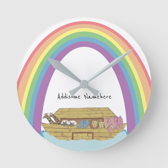 Cute retro Rainbow Noah's Ark on White Round Clock (Front)