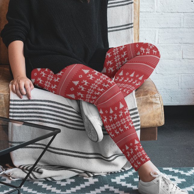Cute Retro Red Reindeer Snowflake Christmas Leggings (Creator Uploaded)