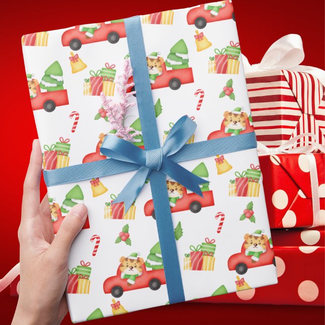 Cute Retro Red Truck and Tiger Christmas Wrapping Paper (Creator Uploaded)