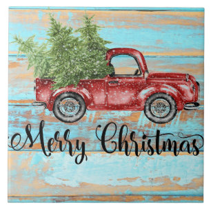 Cute Retro Red Truck Country Christmas Ceramic Tile
