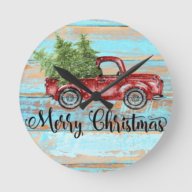 Cute Retro Red Truck Country Christmas Round Clock (Front)