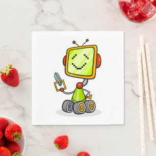 Cute Retro Robot Cartoon Fun AI Tech Digital Art Napkin